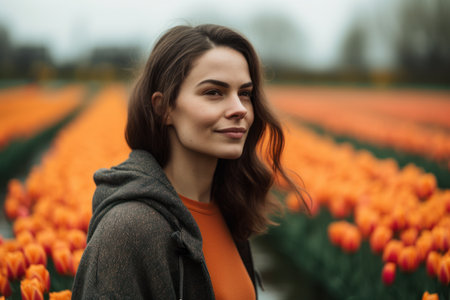 Beautiful young woman in tulip field in Holland, Netherlands.の素材