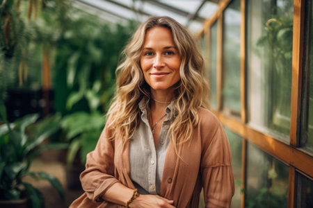 Portrait of a beautiful young woman with long wavy blonde hair in a brown jacket in a greenhouseの素材