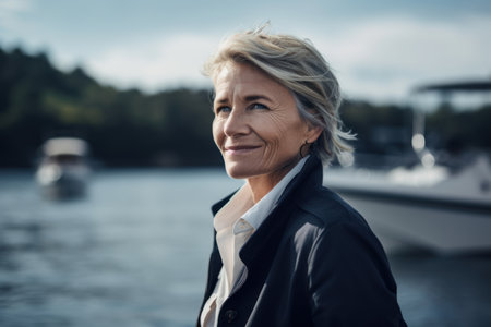 Portrait of a beautiful mature woman with blonde hair in a black jacket and white T-shirt on the background of yachtsの素材