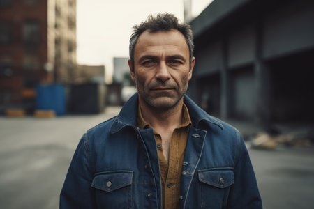 Portrait of handsome middle aged man in jeans jacket standing on city street.の素材