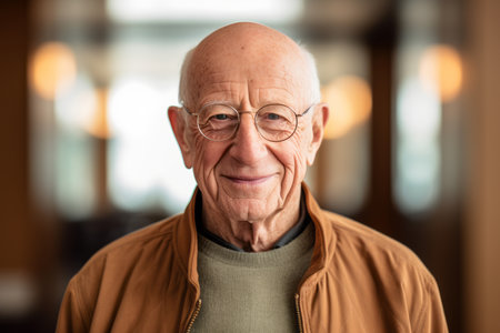 Portrait of a smiling senior man with glasses in a retirement homeの素材