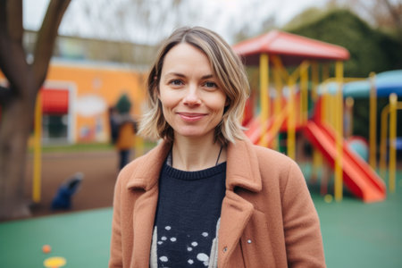Portrait of a beautiful young woman standing on the playground and smilingの素材