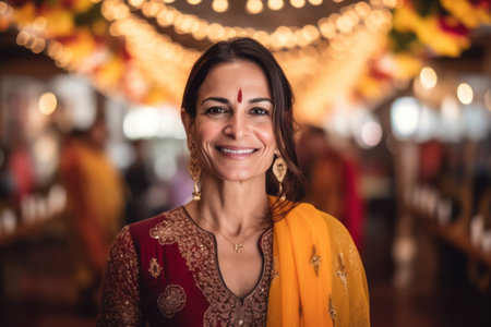 Portrait of beautiful Indian woman smiling at camera while standing in restaurantの素材