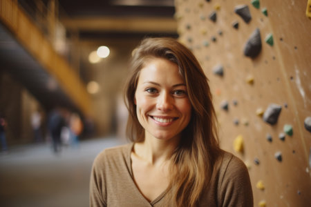 Portrait of a smiling young woman climbing a wall at a gymの素材