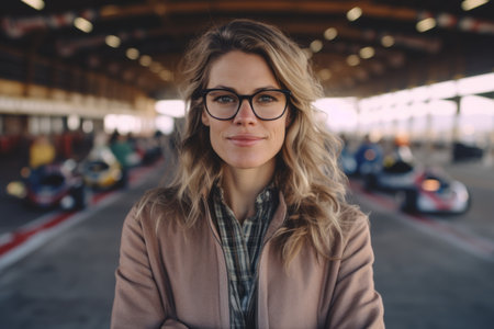 portrait of a beautiful girl in a coat and glasses on the background of the car parkの素材