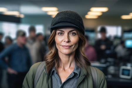 Portrait of smiling woman in cap looking at camera in security roomの素材