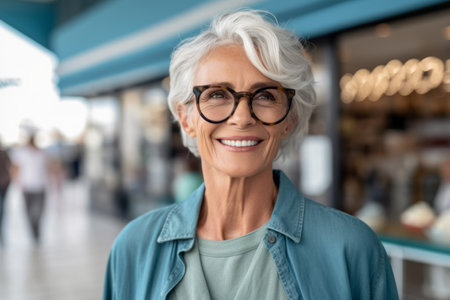 Portrait of smiling senior woman in eyeglasses in shopping mallの素材