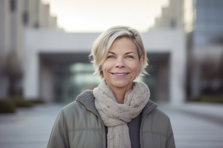 Portrait of smiling middle aged woman standing in front of office buildingの素材