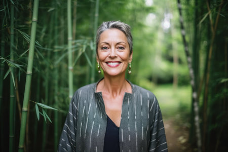 Portrait of a happy senior woman standing in the bamboo groveの素材