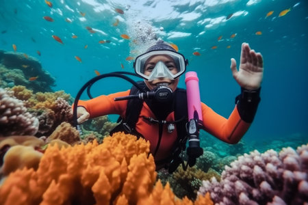 Young woman scuba diver on coral reef in the Red Sea.の素材