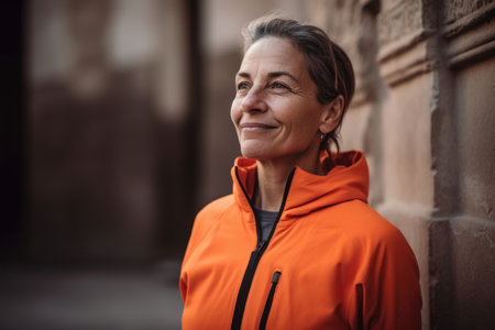 Portrait of a smiling middle aged woman in an orange jacket.の素材