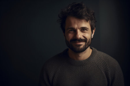 Portrait of a handsome man in a gray sweater on a dark backgroundの素材