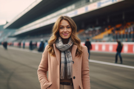 Portrait of a beautiful girl in a coat and scarf on the background of the stadiumの素材