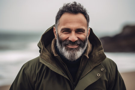 Portrait of a handsome mature man with gray beard and mustache wearing a raincoat on the beachの素材