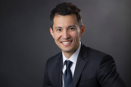Portrait of a young business man smiling on a dark background.の素材