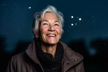 Portrait of a happy senior woman in winter coat against night skyの素材