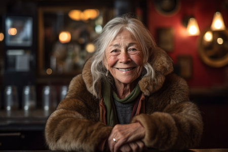 Portrait of smiling senior woman in fur coat at bar counter in pubの素材