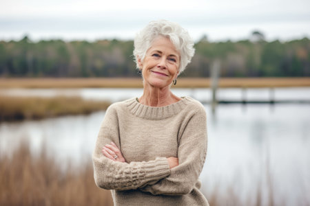 Portrait of smiling senior woman standing with arms crossed against lake backgroundの素材