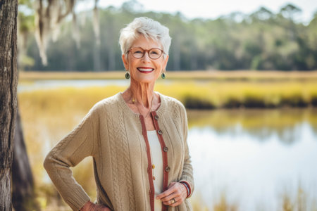 Portrait of happy senior woman with glasses standing near lake in parkの素材