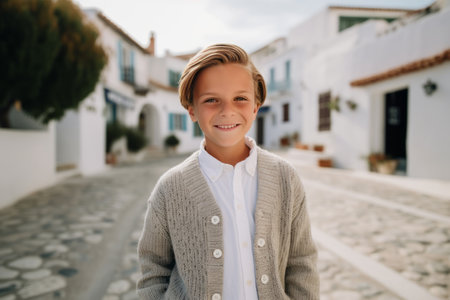 Portrait of a smiling boy standing in the street of an old townの素材