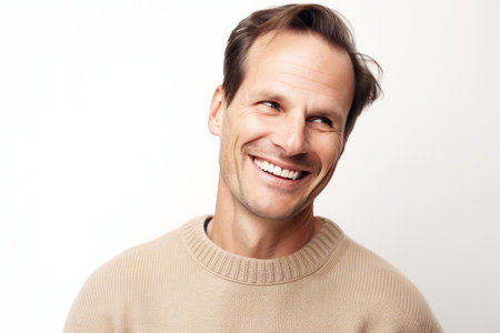 Portrait of a handsome young man smiling on a white background.の素材