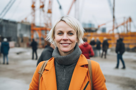Portrait of a beautiful blonde woman in an orange jacket and a yellow scarf on a construction site.の素材