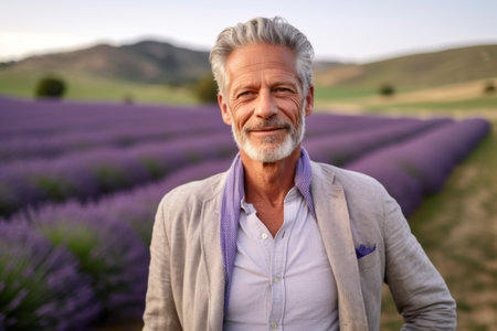 Portrait of senior man standing in lavender field, smiling.の素材