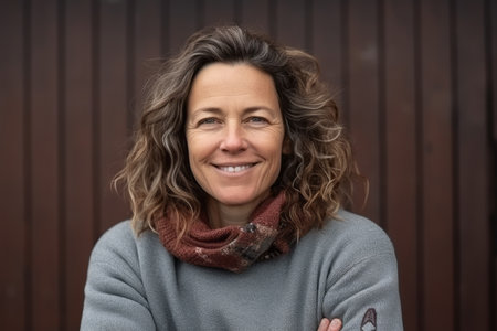 Portrait of a smiling middle-aged woman on a wooden backgroundの素材