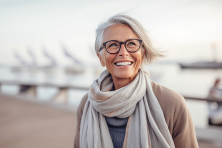 Portrait of smiling senior woman in eyeglasses standing on pierの素材