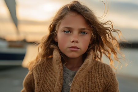 portrait of little girl with blonde hair in warm sweater at sunsetの素材