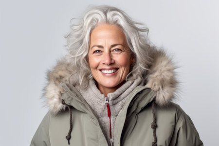 Portrait of a happy senior woman in winter jacket on gray backgroundの素材