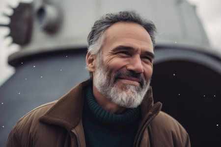Portrait of handsome mature man with gray beard and mustache standing outdoorsの素材