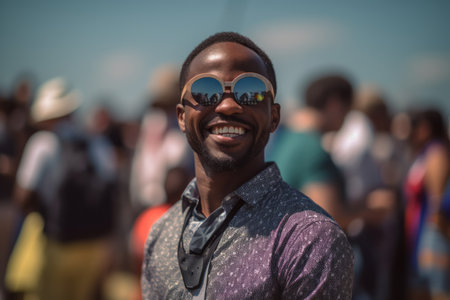 Portrait of a smiling young man with sunglasses at a music festivalの素材