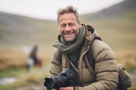 Portrait of a smiling photographer with camera in his hand standing in the fieldの素材