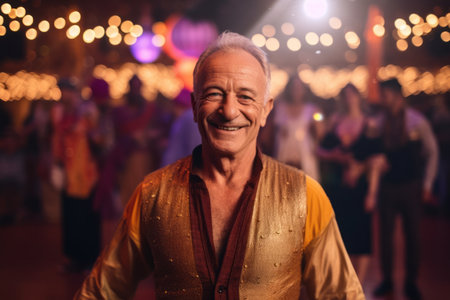Smiling senior buddhist monk in a temple at night.の素材