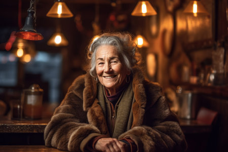 Portrait of an elderly woman in a fur coat in a cafeの素材
