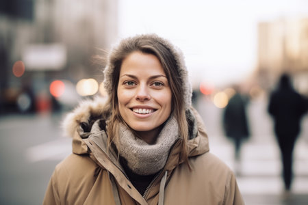 Portrait of a smiling young woman in winter coat and scarf on the streetの素材