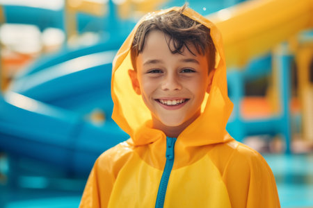 Portrait of a smiling boy in a yellow raincoat on the playgroundの素材