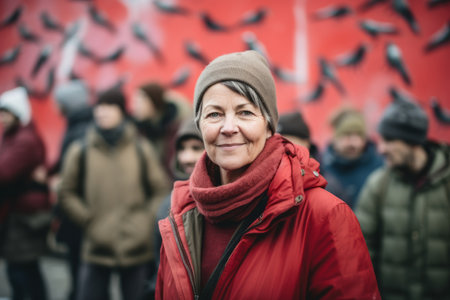 Portrait of a senior woman with pigeons in the background.の素材