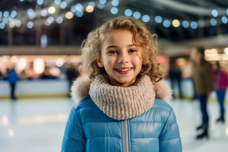 smiling little girl in winter clothes looking at camera on skating rinkの素材