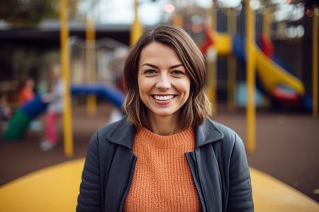 Portrait of a beautiful young woman smiling at the camera on a playgroundの素材