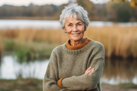 Portrait of a smiling senior woman standing with arms crossed in autumn parkの素材