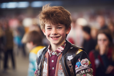 Portrait of a cute little boy with blond hair smiling at the camera.の素材