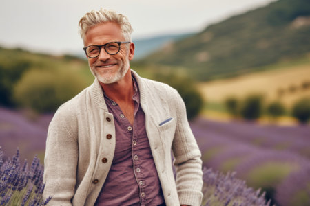 Portrait of a senior man standing in a lavender field.の素材