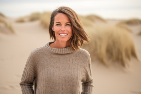 Portrait of a smiling young woman standing in the sand dunesの素材