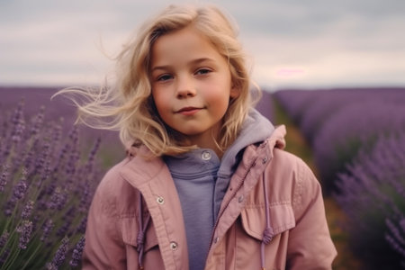 Cute little girl in a lavender field. Girl in a lavender field.の素材