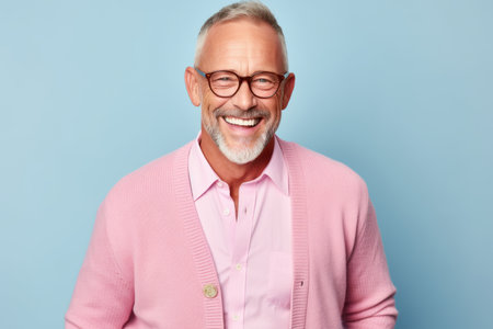 Portrait of cheerful senior man in glasses looking at camera and smiling while standing against blue backgroundの素材