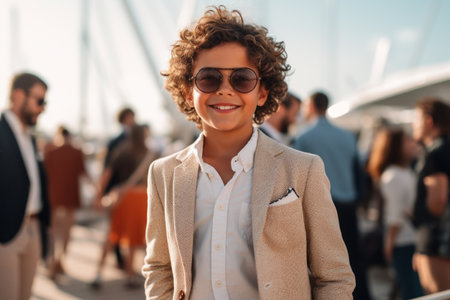 Portrait of a young businesswoman with curly hair, wearing sunglasses, smiling and looking at the camera.の素材