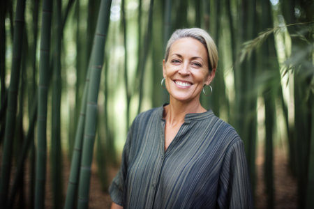 Portrait of smiling mature woman standing in bamboo forest on a sunny dayの素材