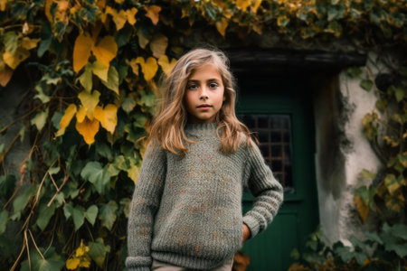 Little girl in a knitted sweater on the background of an old house.の素材